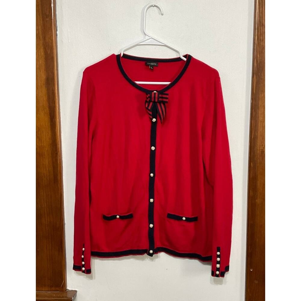 Talbots Tipping & Bow Charming Cardigan Red Cashmere Pearls Decorative Bow Large - Picture 8 of 8